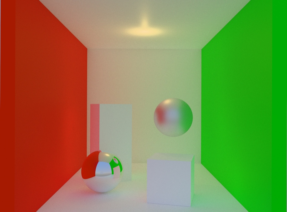 Cornell Box with reflective spheres and soft shadows, rendered in PulseCraft Studio