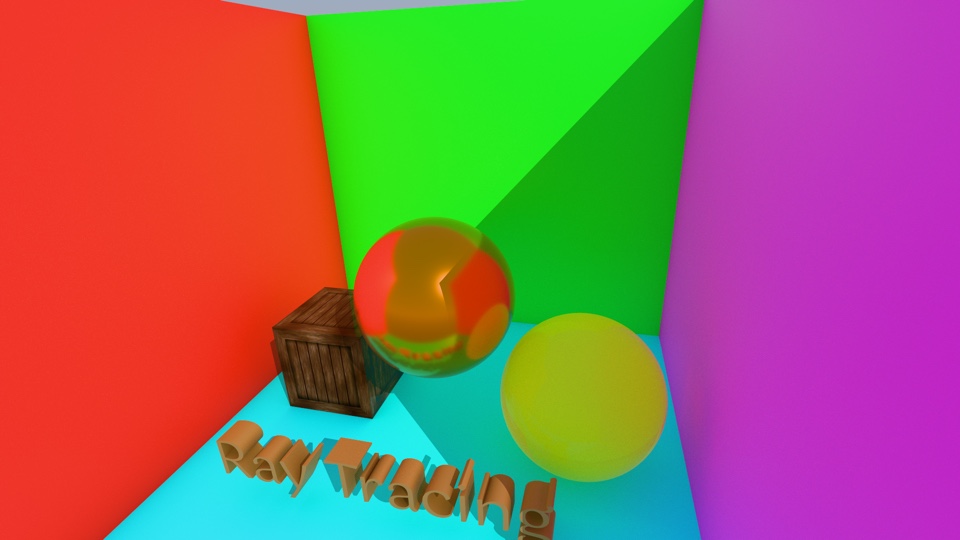 Colorful ray-traced scene with 3D text and glossy materials, rendered in PulseCraft Studio